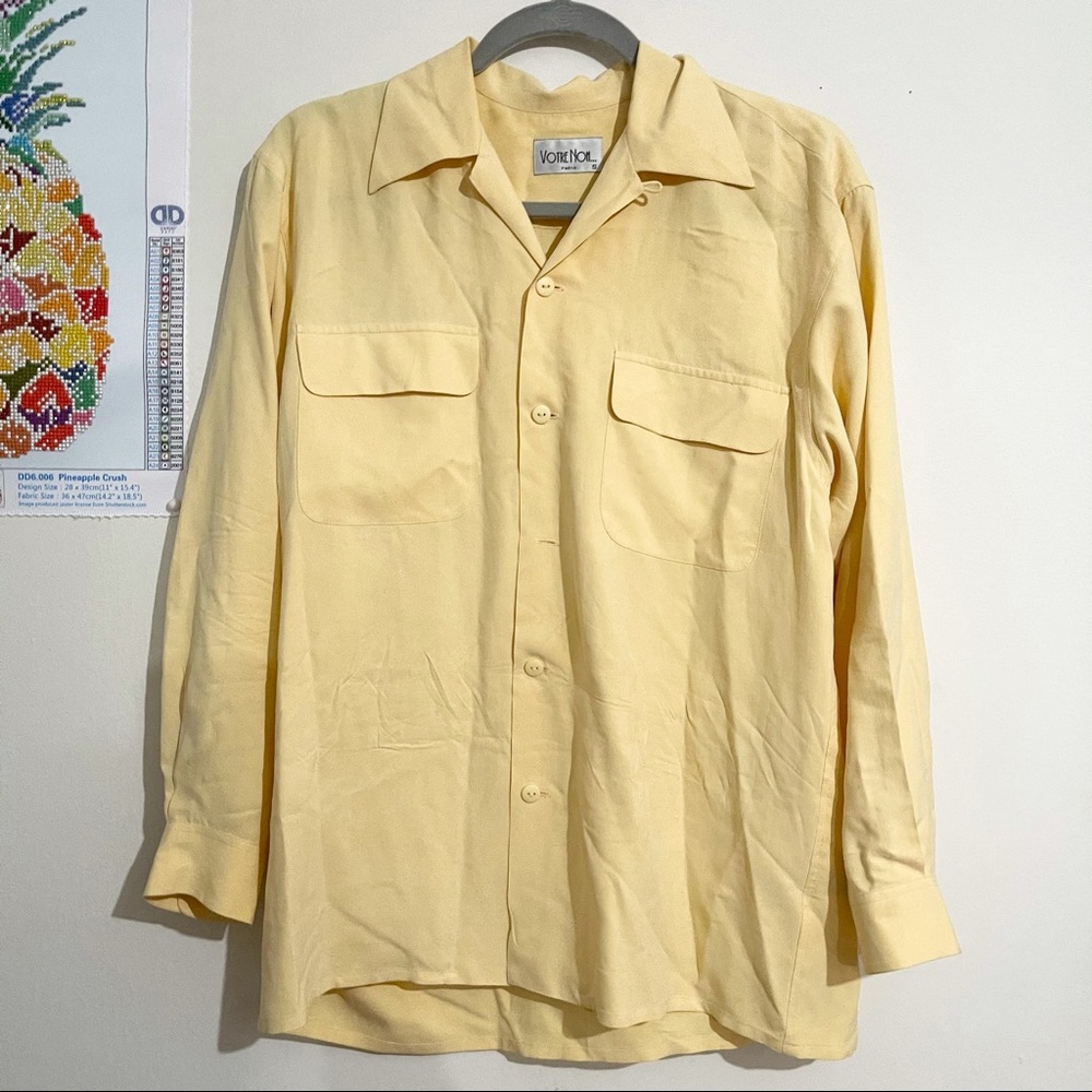 Vintage VOTRE NOM Light Yellow 100% Silk Button-Up Shirt Size Small